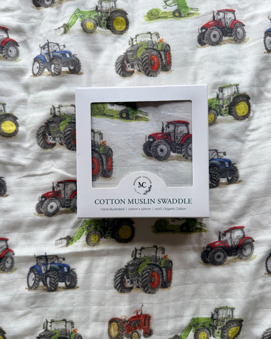 Cotton Muslin Swaddle- Tractors